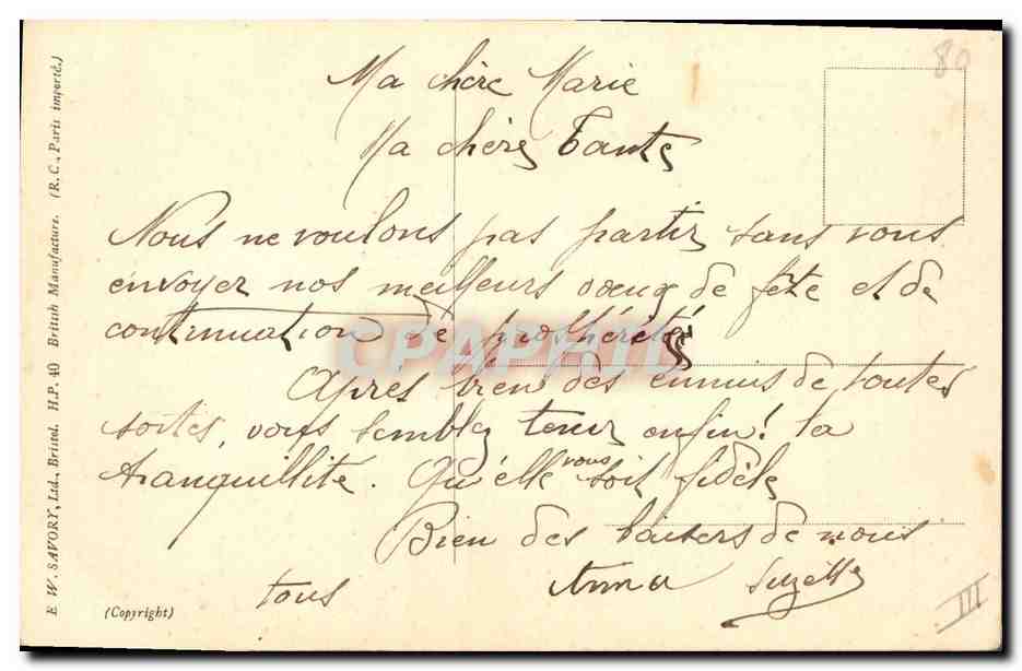 Fleurs d'iris — Bonne Fête — E. W. SAFORT, Ltd. Brind. — Verso