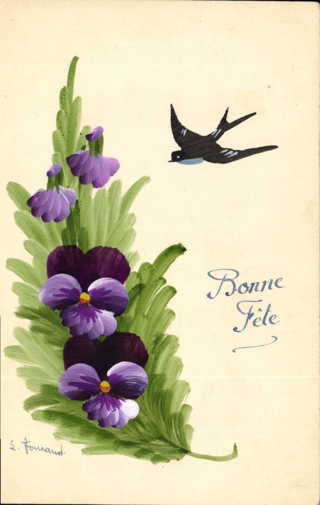 Violettes et hirondelle — Bonne Fête — L. Foucaud
