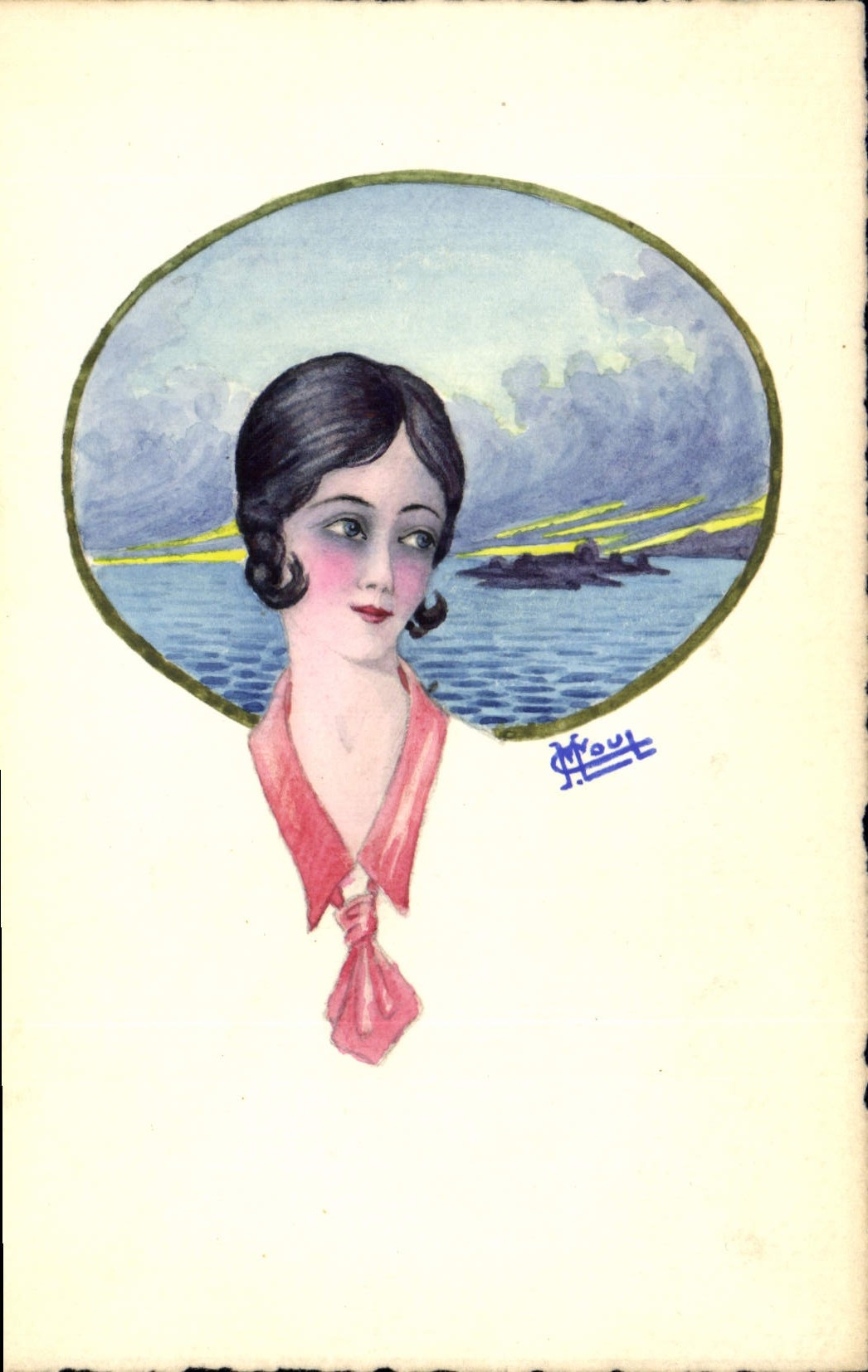 Portrait de femme — illustration sur fond marin — signé J. Kout
