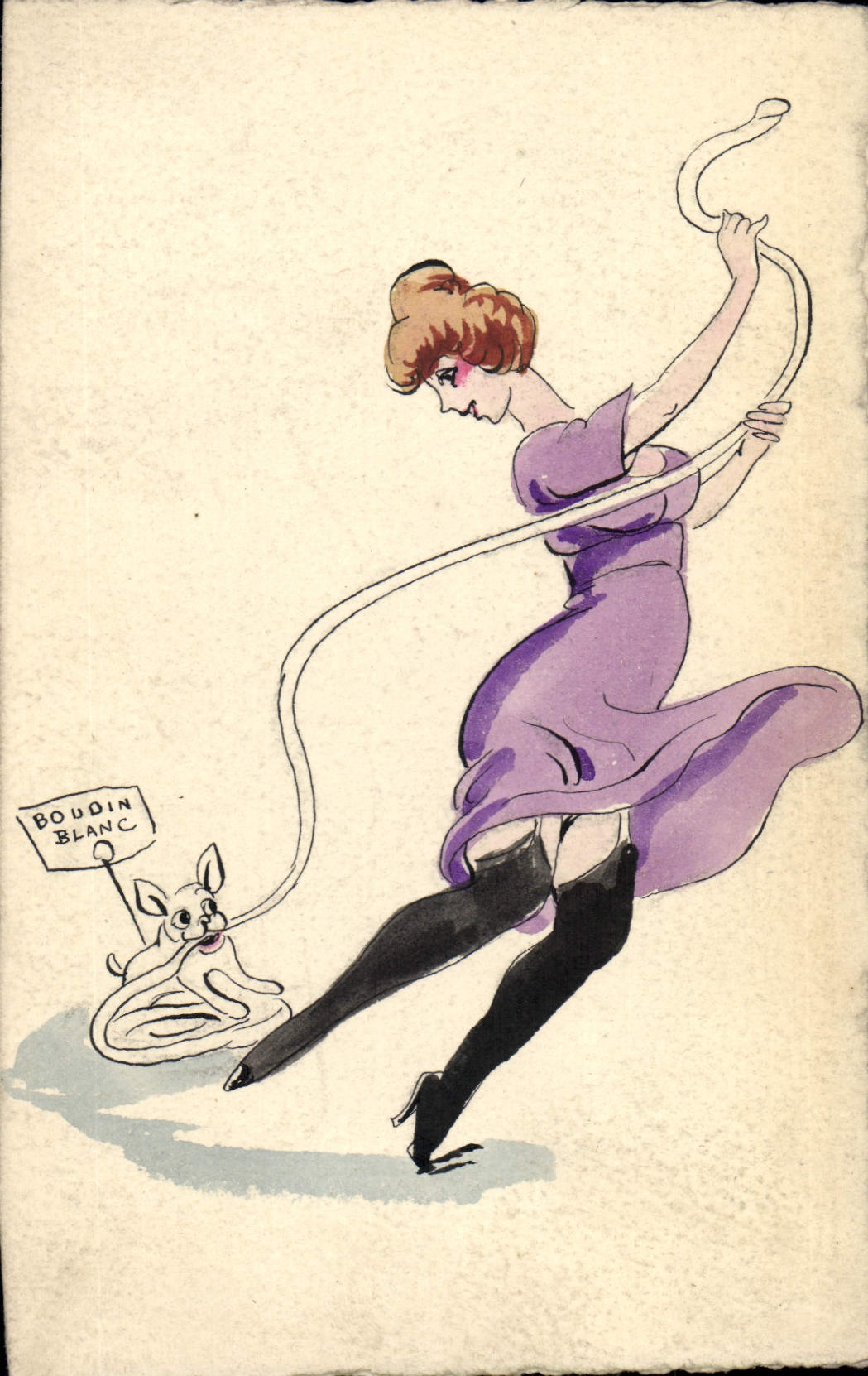 Femme en robe violette tenant une corde avec un petit chien — publicité pour Boudin Blanc — éditeur CPAPHIL, n° 178