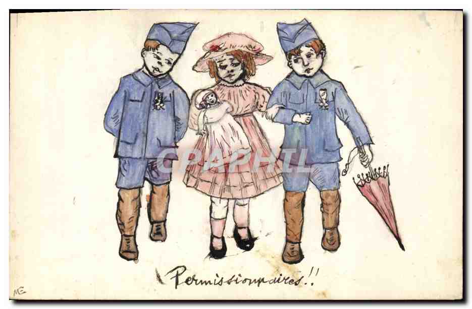 CPA Fantaisie Enfant Poupee Permissionnaires Militaria