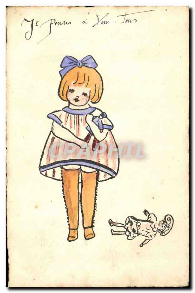 Fille avec poupée — dessin coloré — éditeur non visible