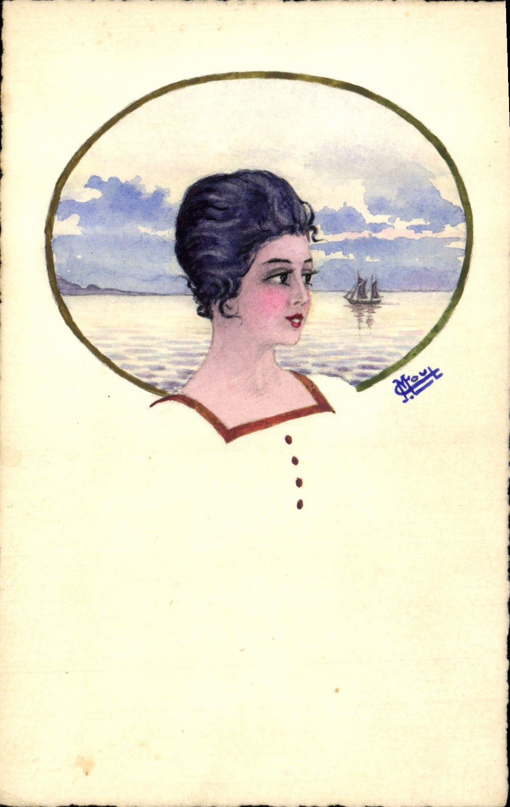 Jeune femme au bord de la mer — illustration de style Art Déco — signée 'Afrou' — éditeur inconnu