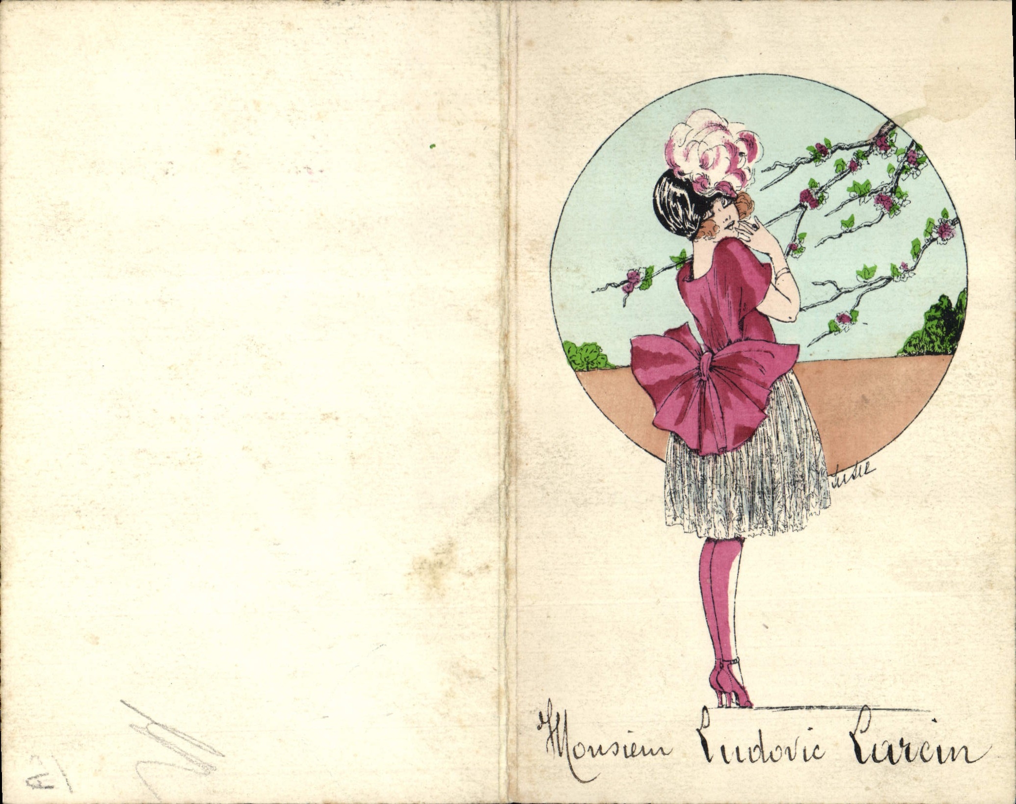 Femme en robe rose — décor floral — dessin de Ludovic Curcin