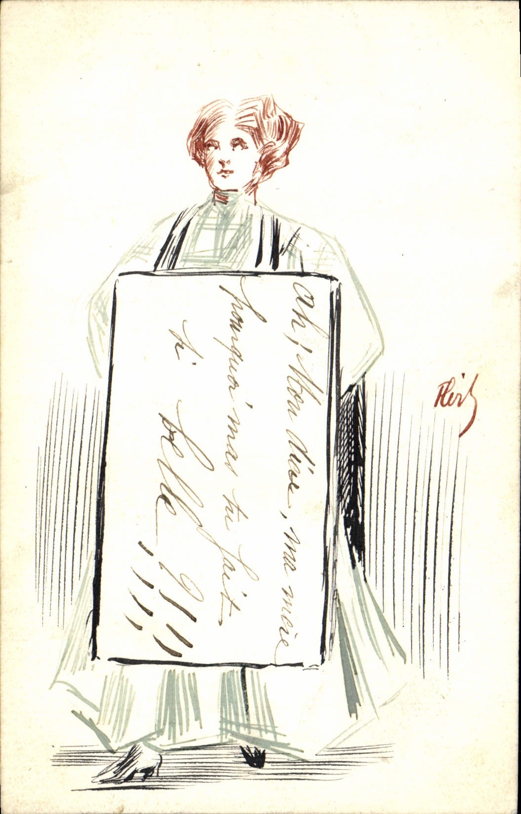 Femme tenant une pancarte — dessin de Flerÿ — éditeur non visible