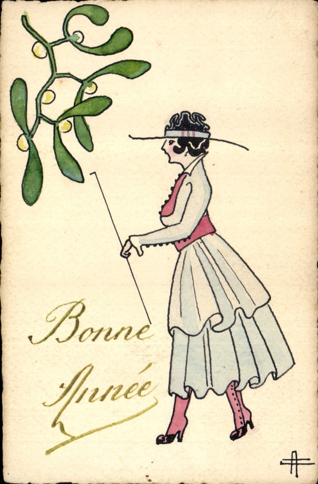 Femme en robe à volants et chapeau — avec gui de Noël — texte 'Bonne Année' — éditeur 'AR' (verso)