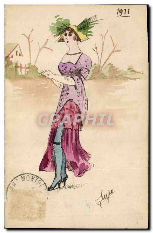 Femme en robe violette et chapeau — 1911 — J. Montpou, n° 1911
