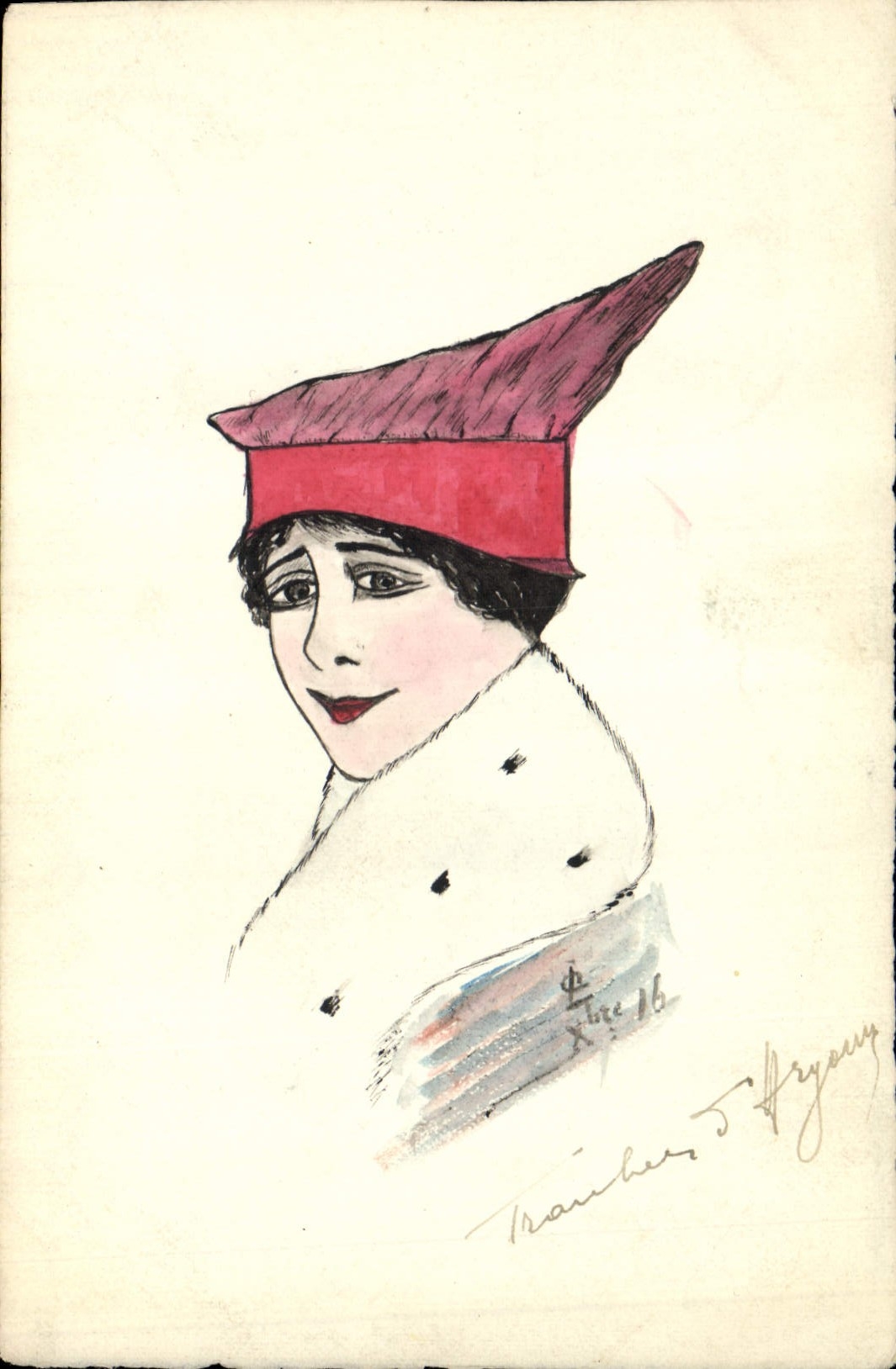 Femme au chapeau rouge — dessin signé Traumber T. Aryony — daté Xbre 16