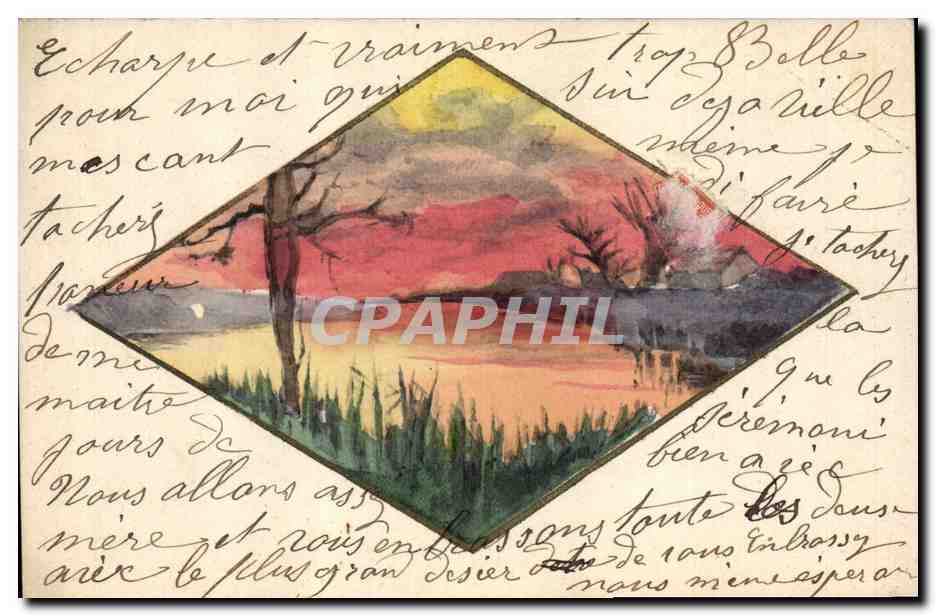 Paysage au coucher de soleil — dessin à l'aquarelle dans un cadre losangé — éditeur non identifié, série 753