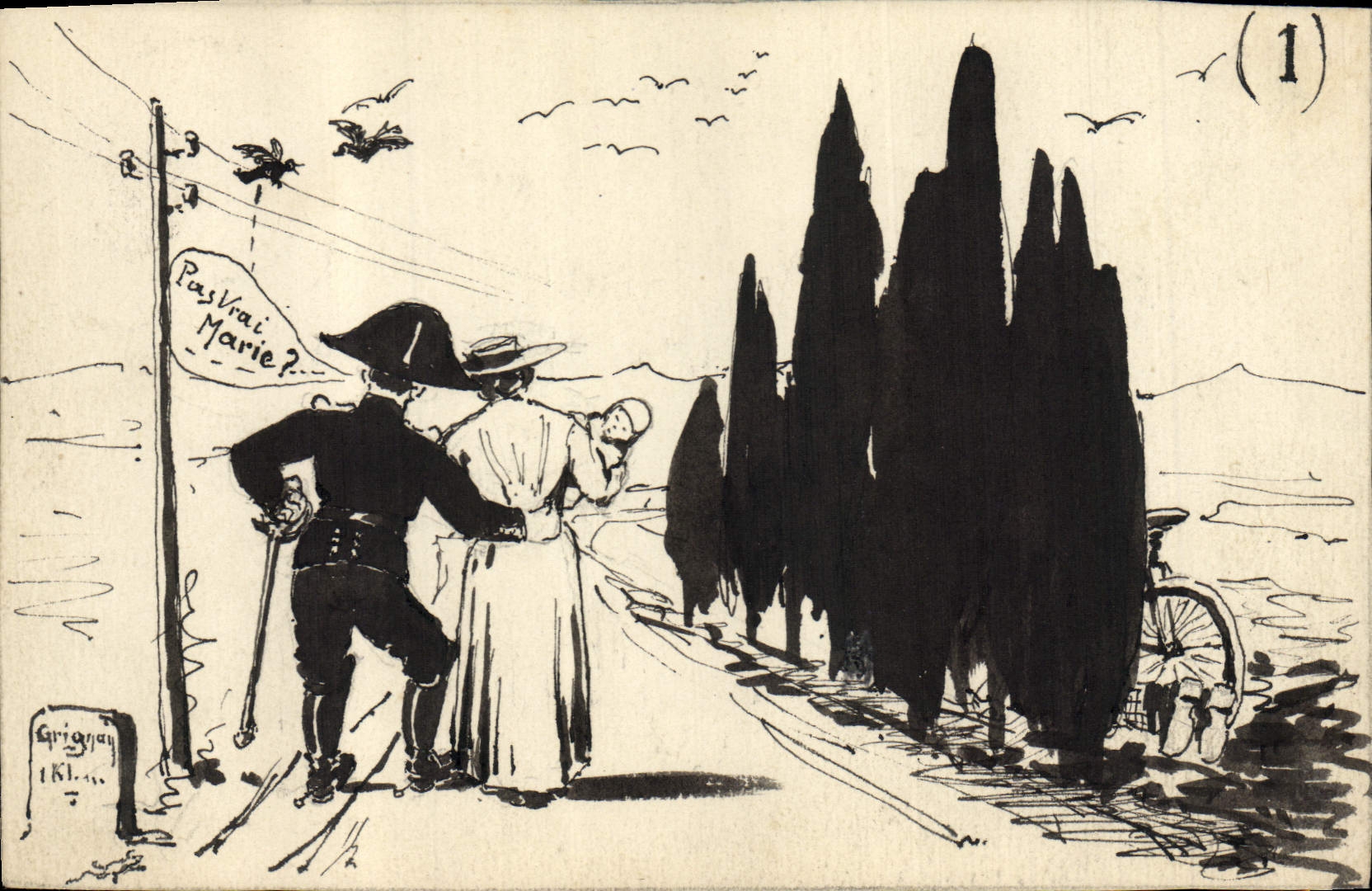 Soldat et femme avec enfant — scène de rue — Grignan (1) — Grignan