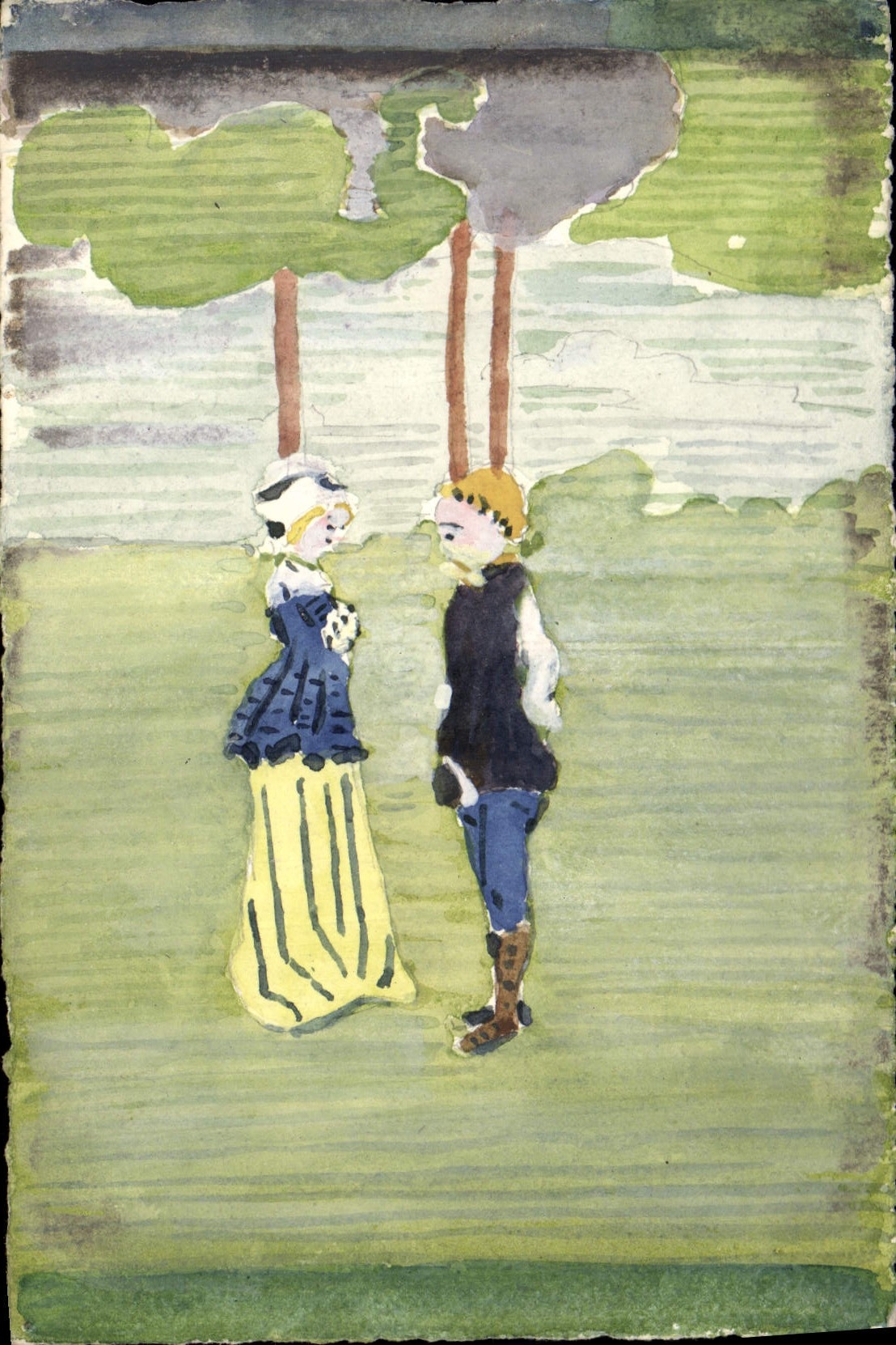 Deux personnages en costume d'époque — illustration à l'aquarelle — éditeur non visible