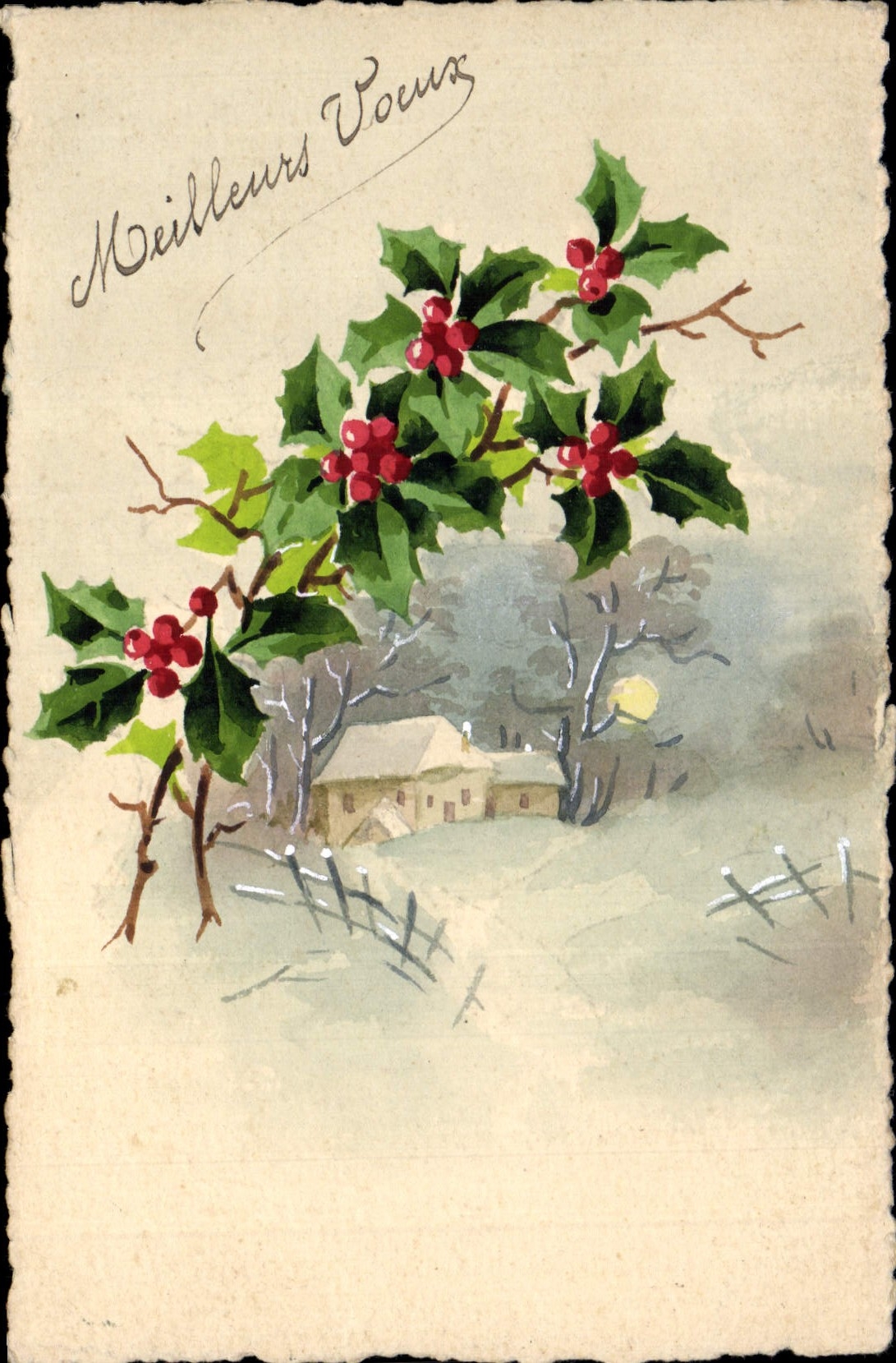 Houx et paysage hivernal — Meilleurs Vœux — Carte postale de Noël