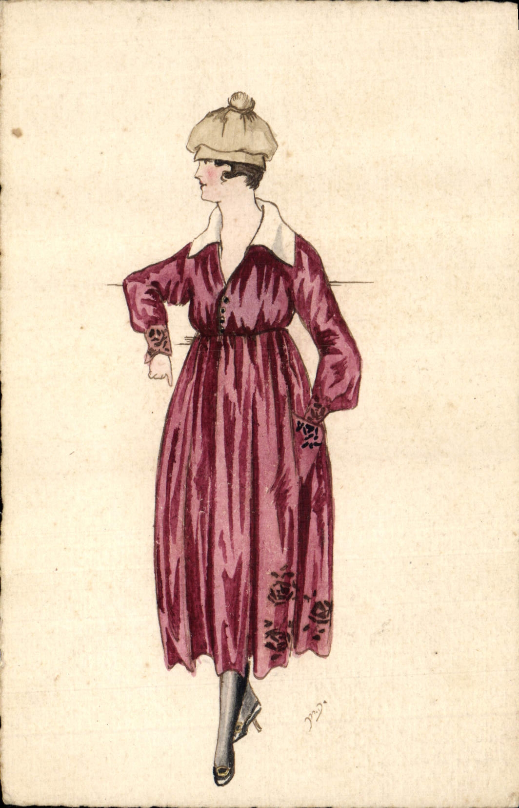 Femme en robe violette à motifs floraux — style 1920 — dessin signé 'J.P.'