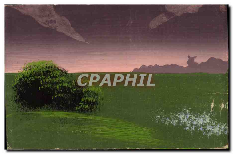 Paysage de campagne — coucher de soleil — éditeur inconnu, n° de série non visible