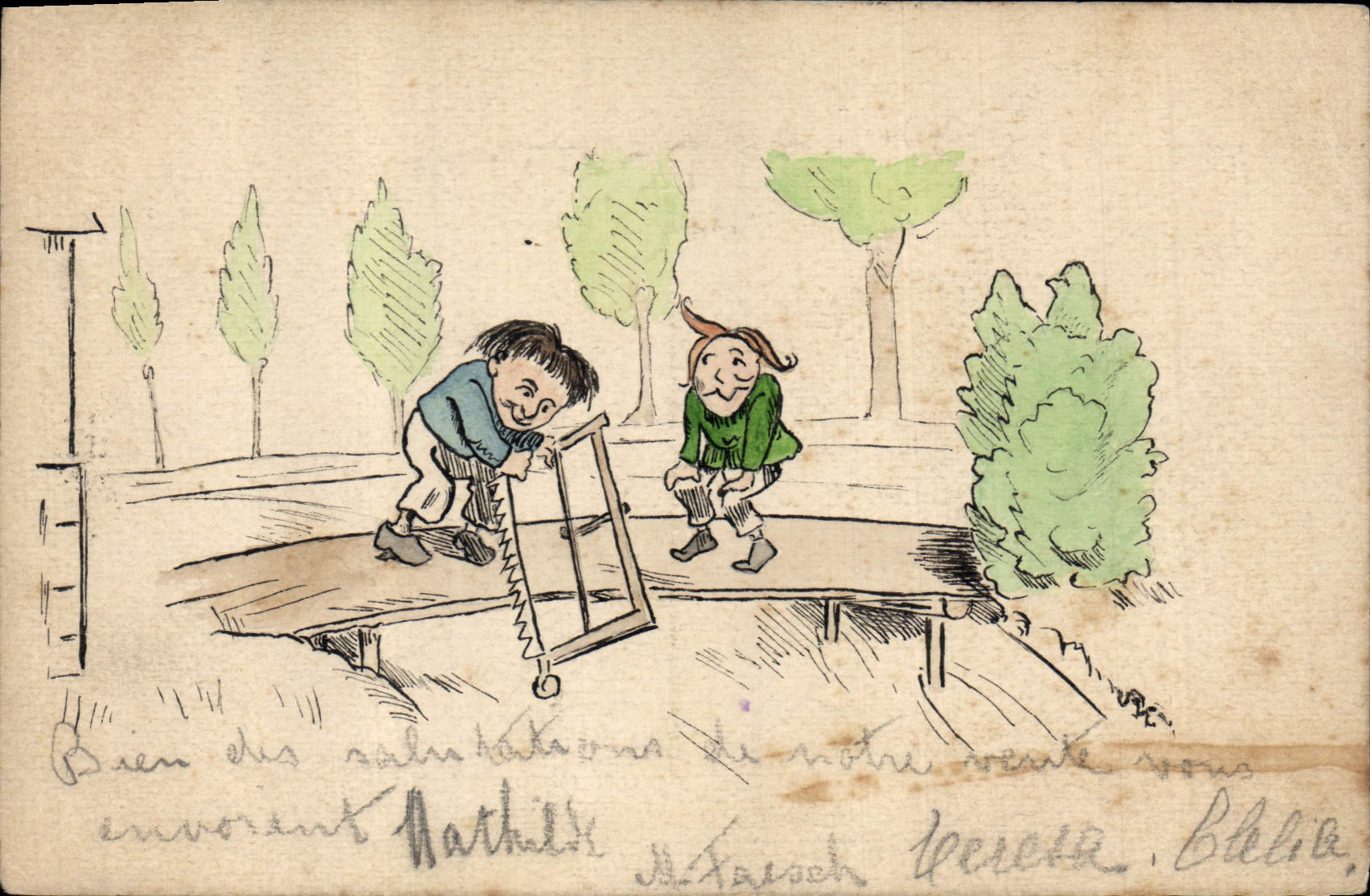 Deux enfants jouant avec une scie — dessin à l'encre et aquarelle — carte postale personnalisée