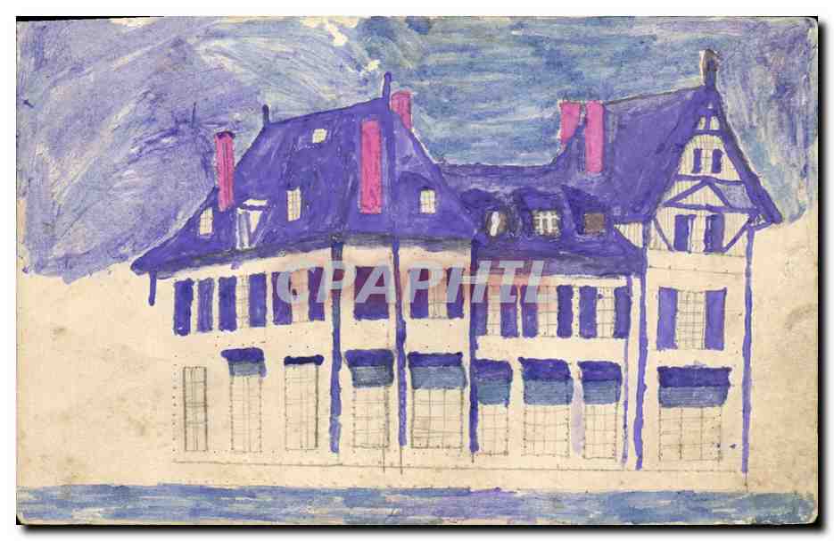 Château de Vézelay — dessin à l'encre et aquarelle — sans éditeur ni numéro de série