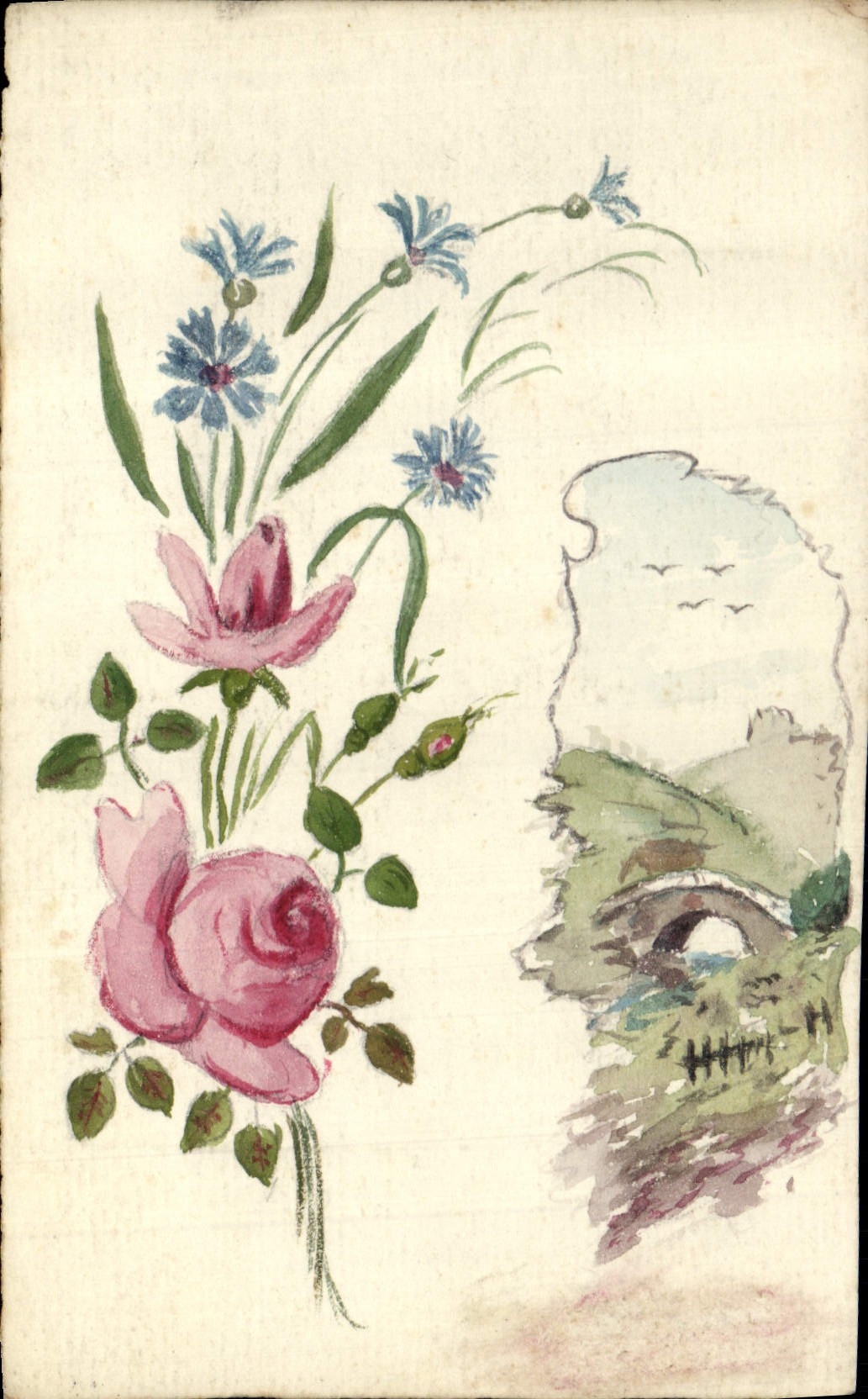Fleurs et paysage — dessin à l'aquarelle — carte postale manuscrite