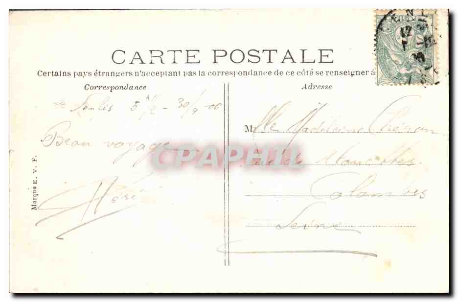 Mortefontaine — Le Château de Vallière — éditeur Marque E. V. F., n° 70 — Verso