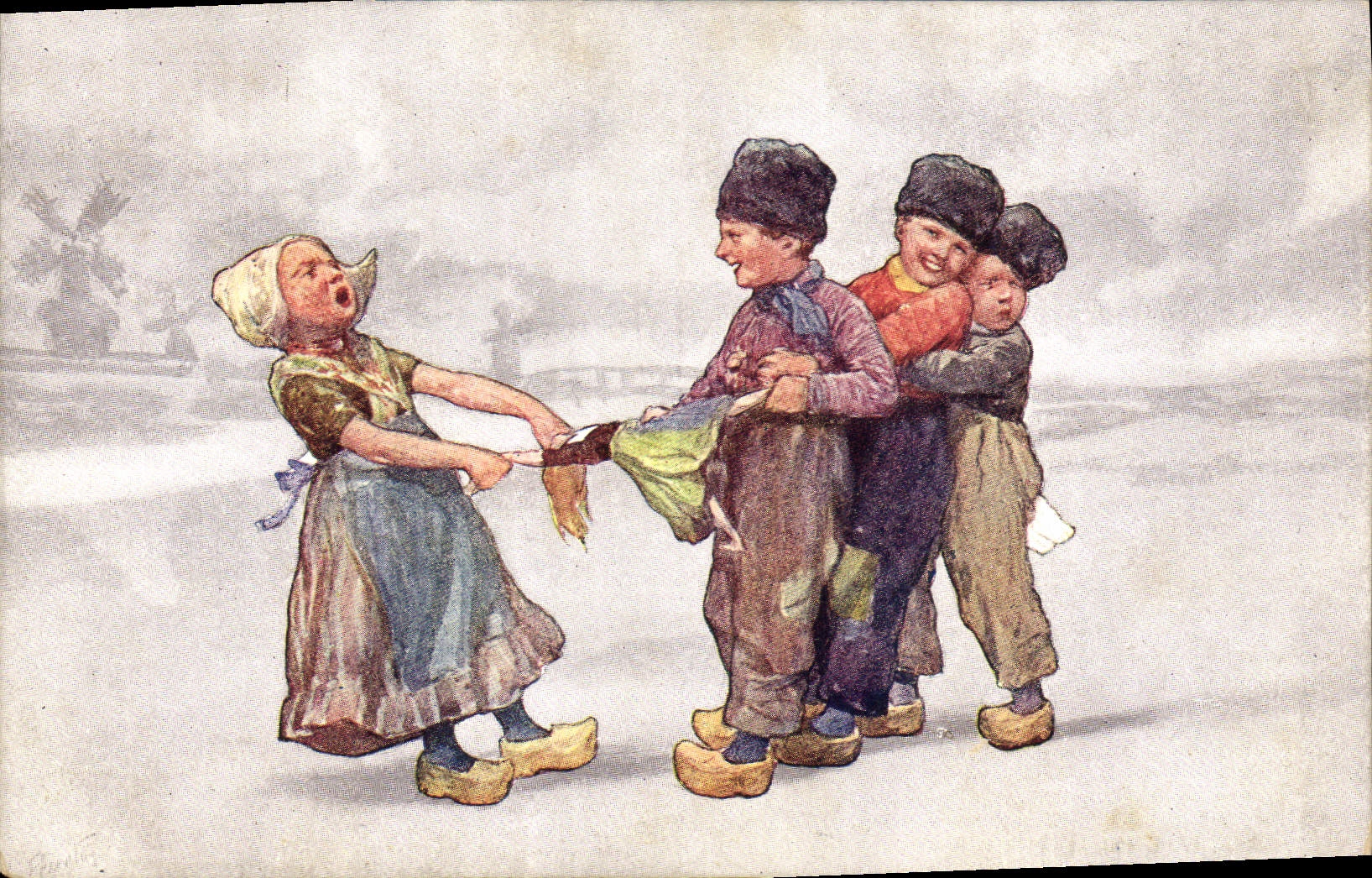 Kinder, die Schlittschuh laufen — Winterlandschaft — Verlag B. K. W. L. 496-4