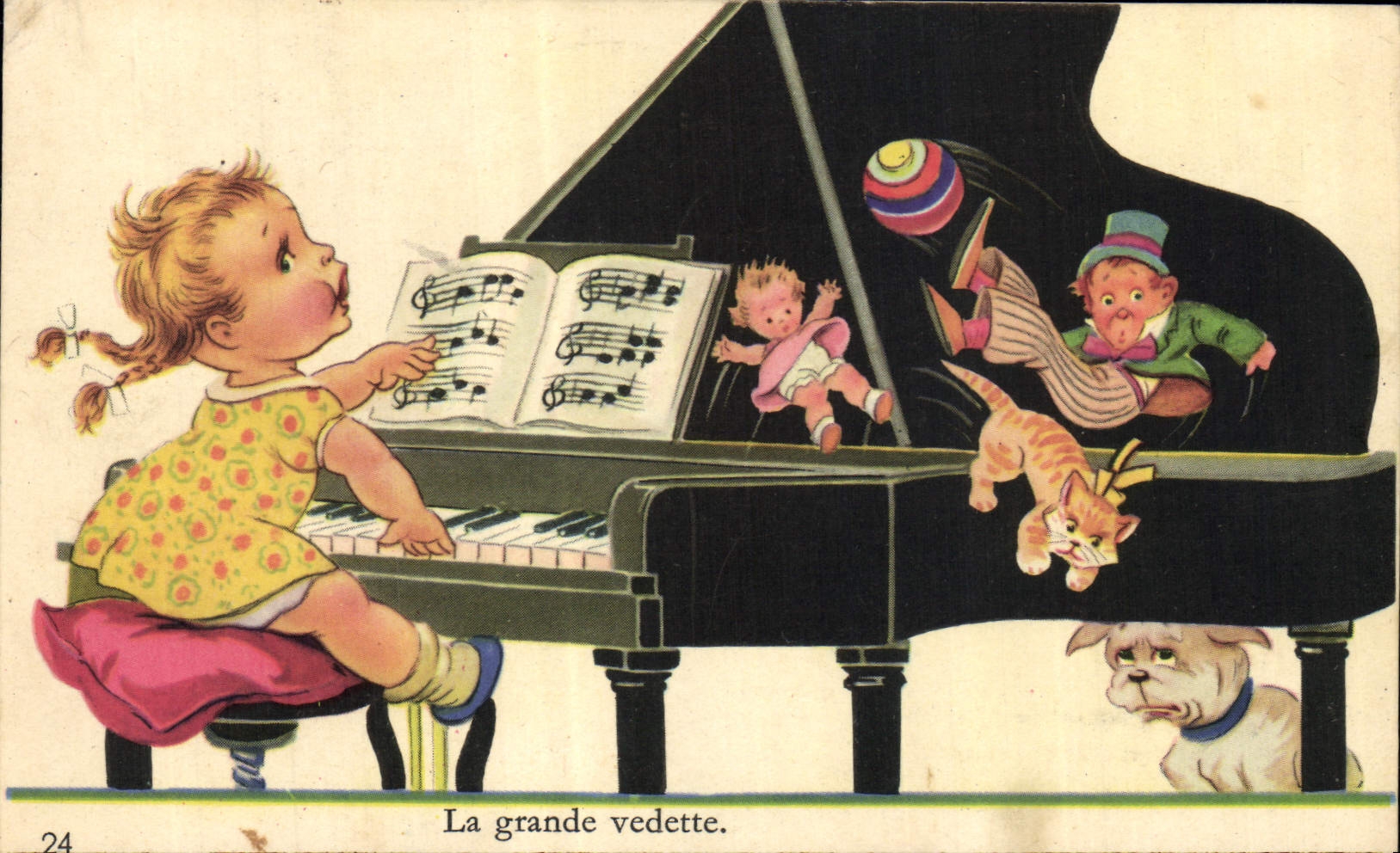 CPA Fantaisie Enfants Poupee Piano Chien Chat
