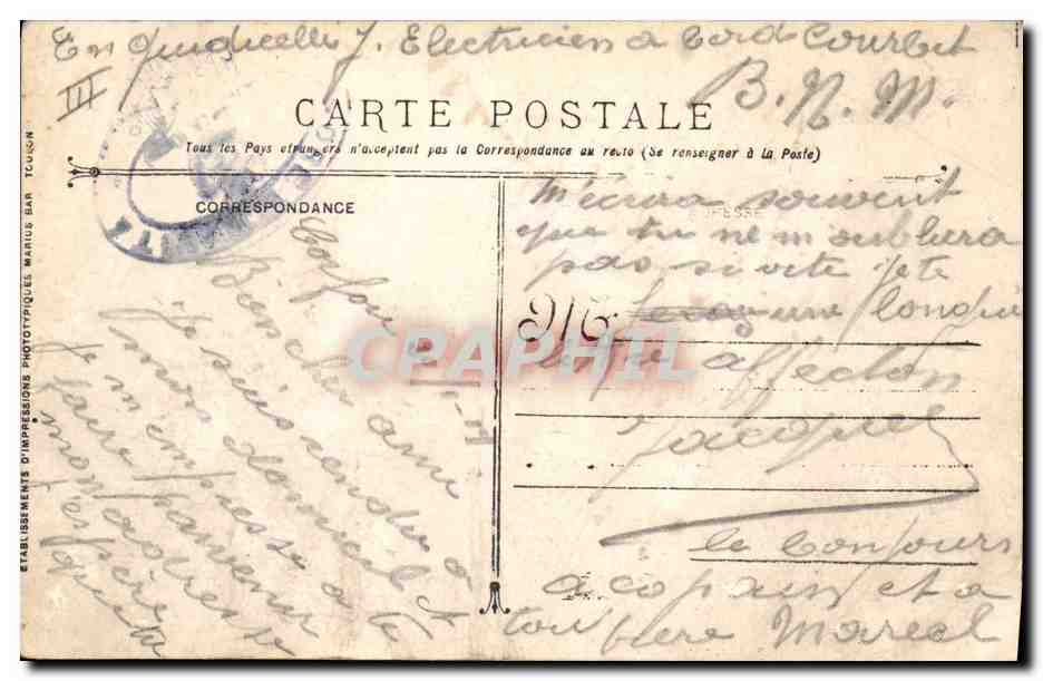 CPA Bateau de Guerre Courbet Cuirasse a turbines — Verso