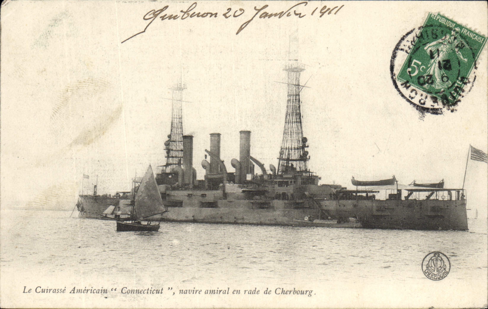 Il Cacciatorpediniere Americano "Connecticut", nave ammiraglia in rada a Cherbourg — editore non visibile, numero di serie non visibile