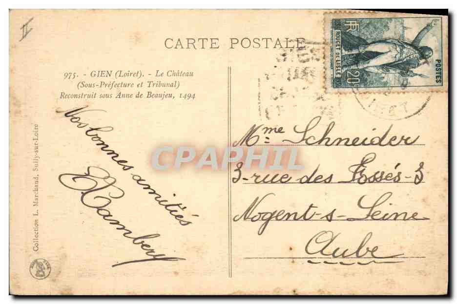 CPA Gien Le chateau Sous Prefecture et Tribunal  — Rückseite