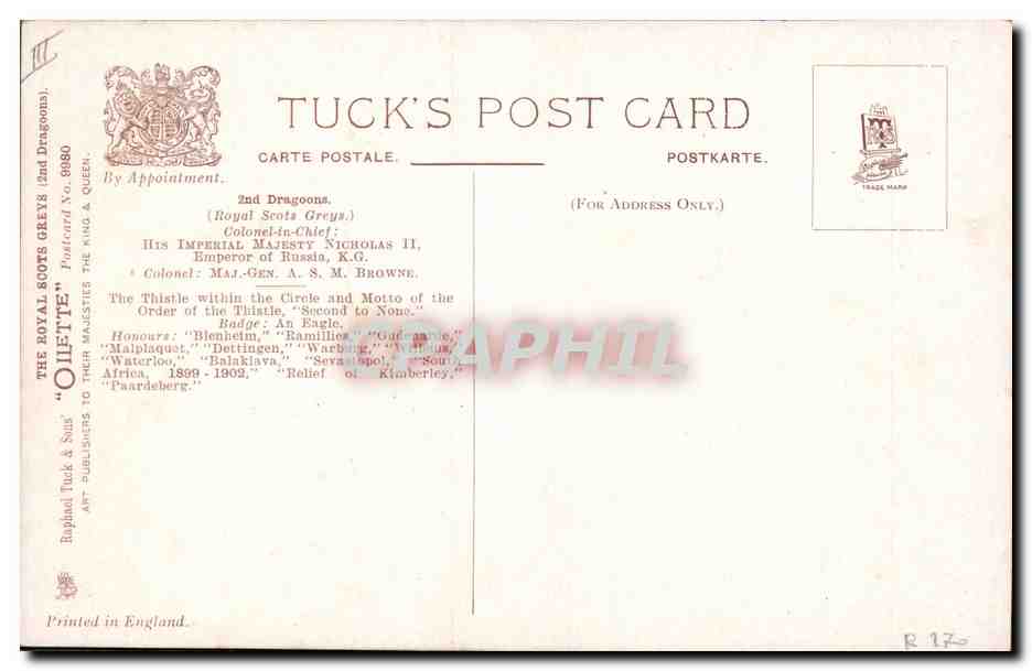 The Royal Scots Greys — 2nd Dragoons — Tuck's Post Card — Verso