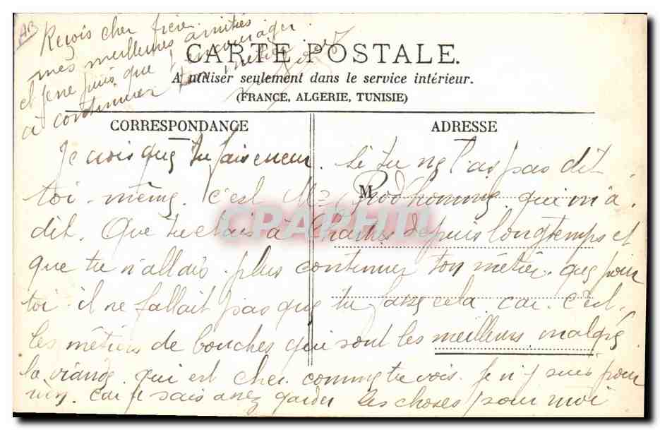 CPA Militaria A la caserne Le perruquier Coiffeur — Verso