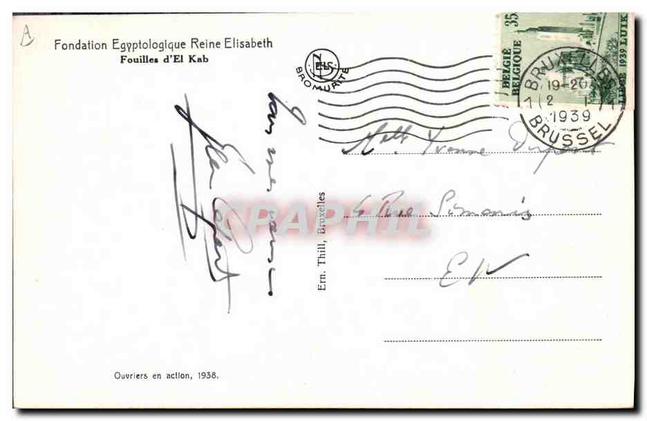 CPA Egypt Egypte Fondation Egyptologique Reine Elisabeth Fouilles d'El Kab  — Rückseite