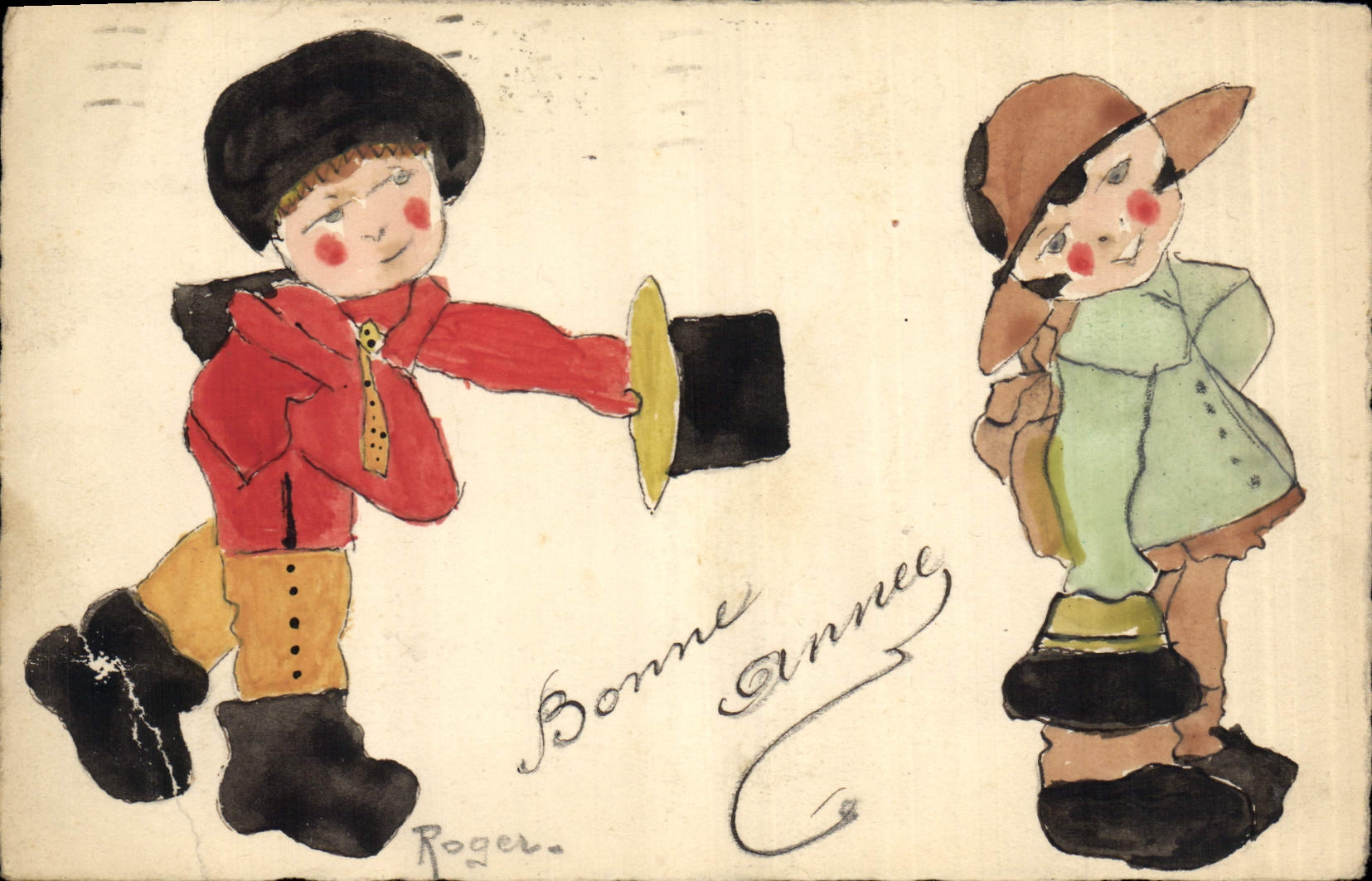 Deux enfants en costume de carnaval — salutation de fin d'année — dessin de Roger