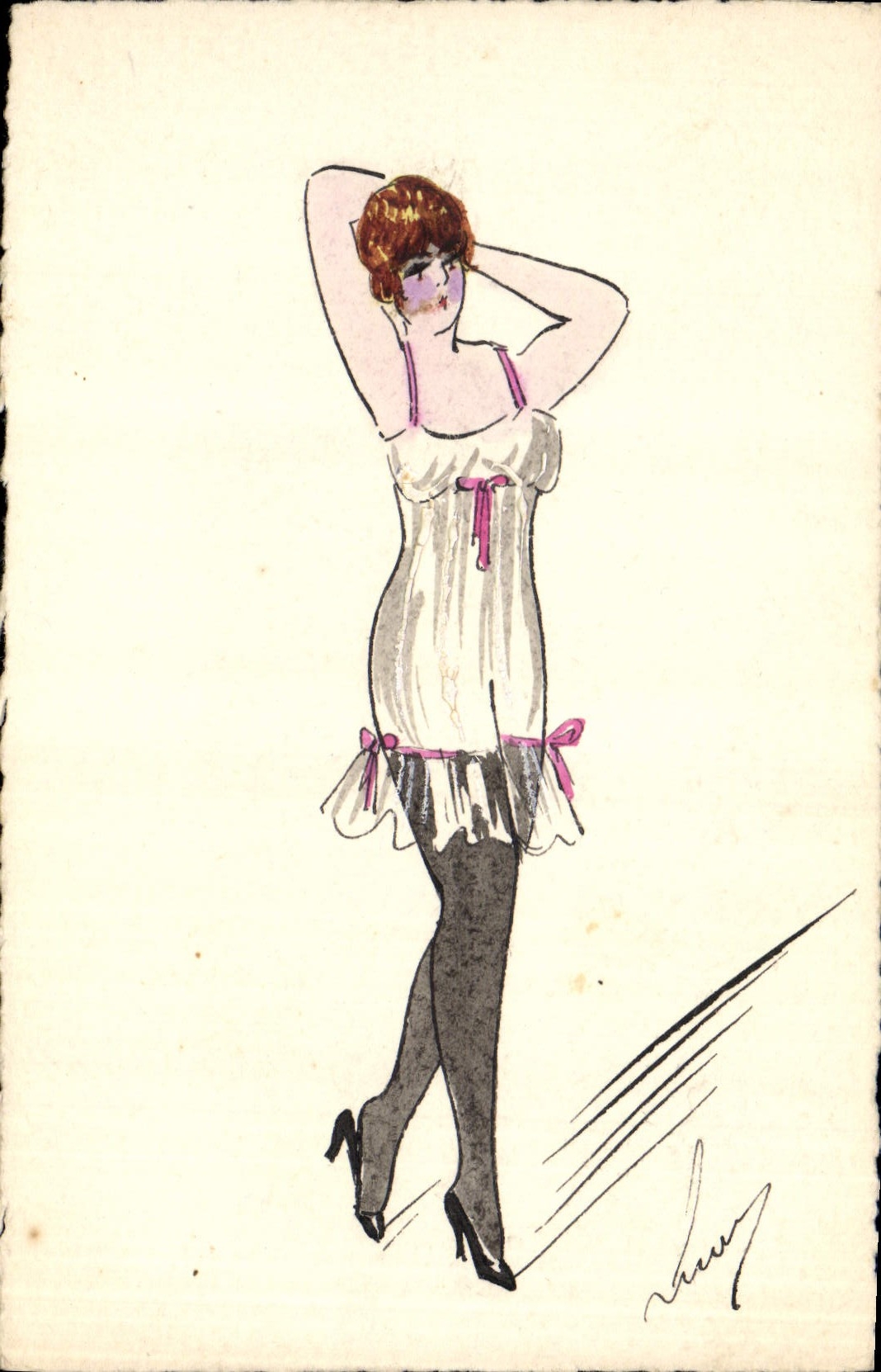 Femme en robe de nuit — style Art Déco — dessin signé 'Lewy'