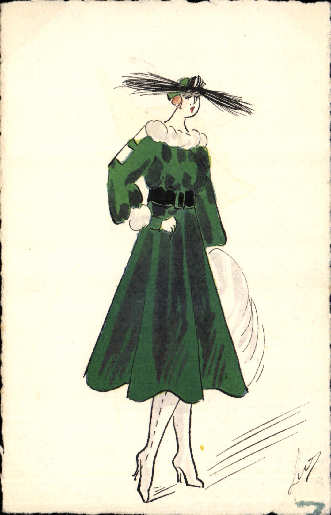 Femme en robe verte — dessin de mode — éditeur Leuz, n°7