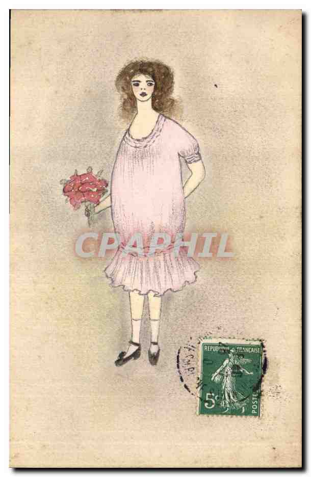 Jeune femme en robe rose tenant un bouquet — illustration — éditeur non visible