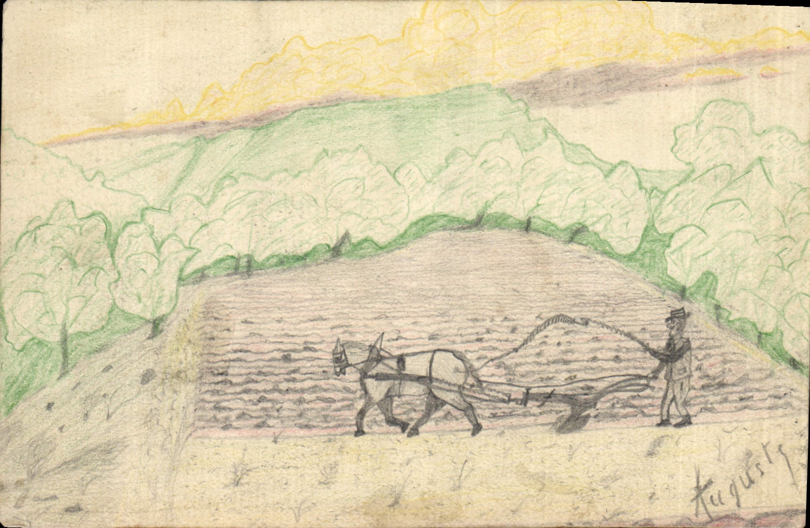 Paysage rural — homme labourant avec un âne — dessin à la mine et aux crayons — signé Auguste