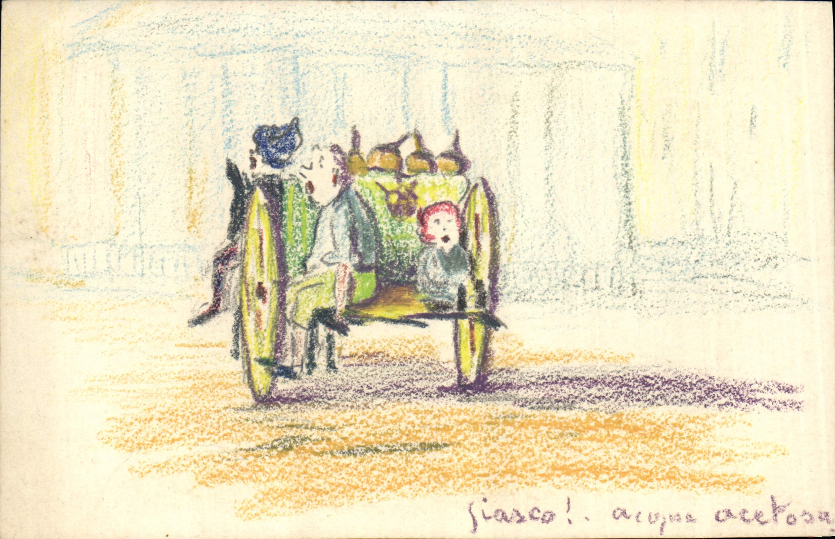 Scène de rue avec chariot — dessin à la pastel — sans éditeur ni numéro visible
