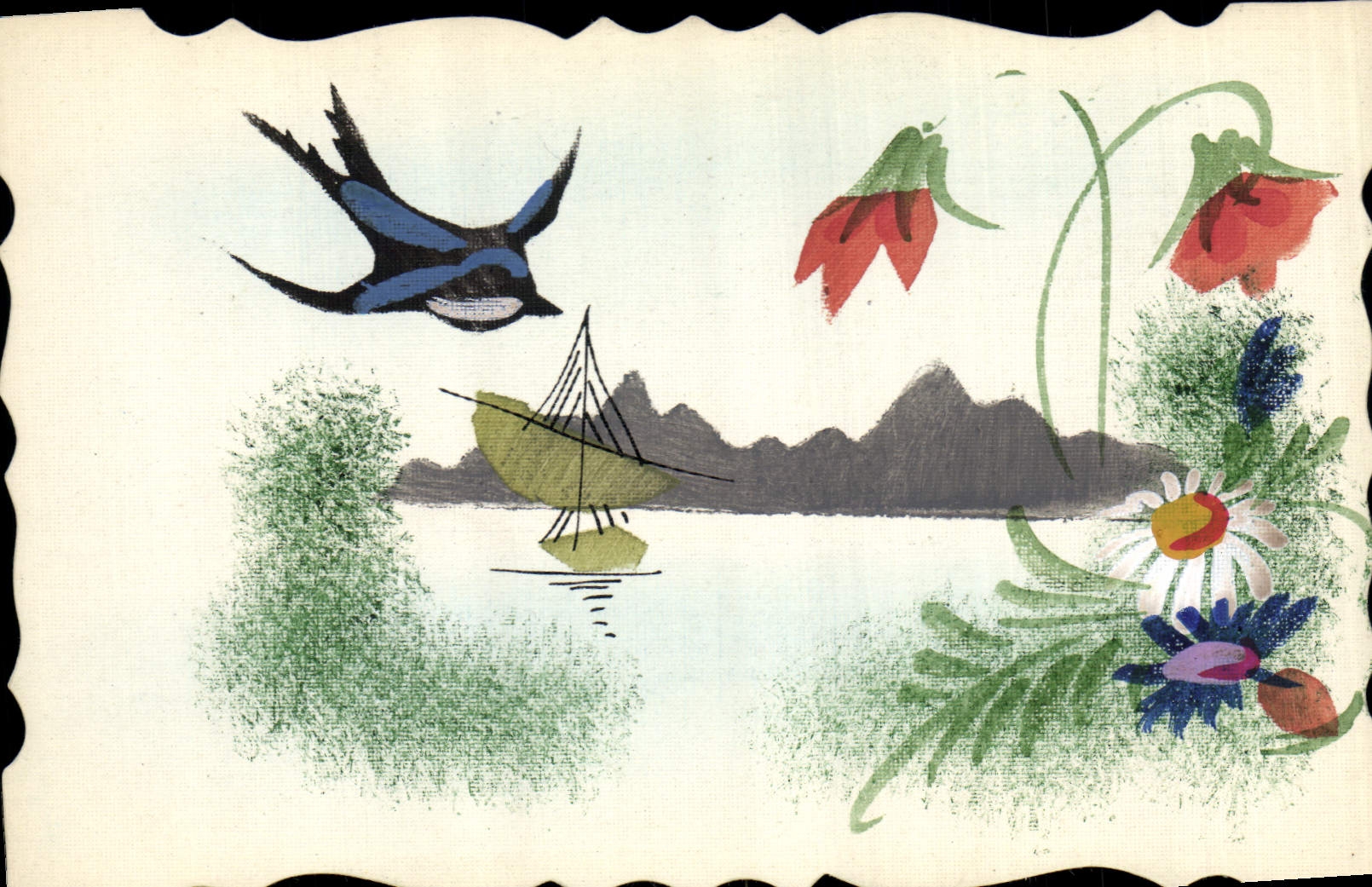 Paysage lacustre avec hirondelle — illustration stylisée — sans éditeur ni numéro visible