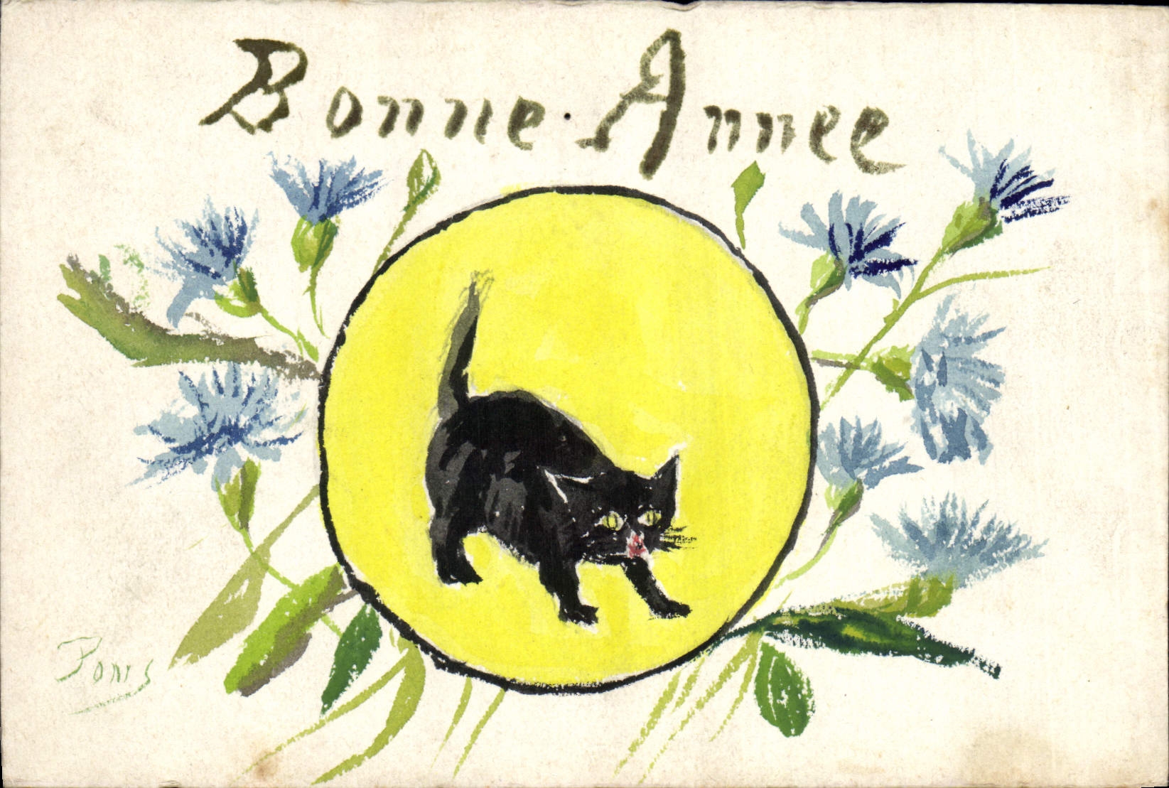 Chat noir sur lune — Bonne Année — Porres