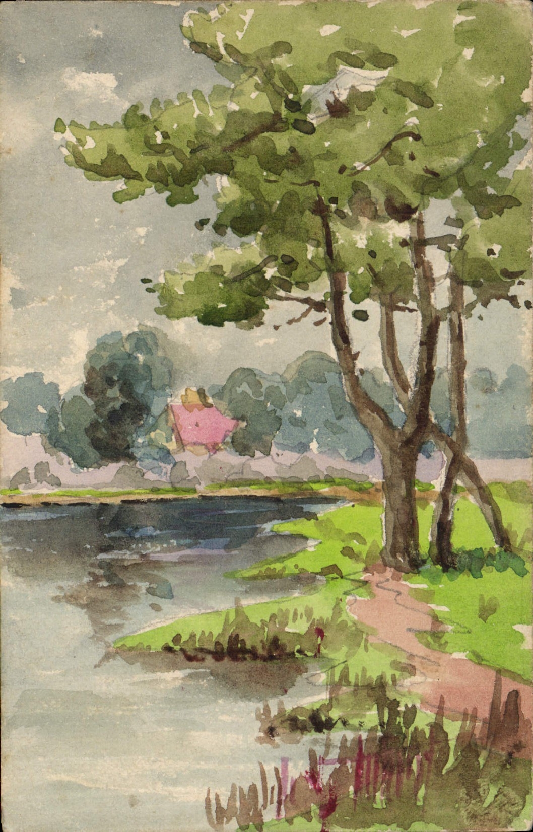 Paysage lacustre avec maison rose — aquarelle — éditeur inconnu