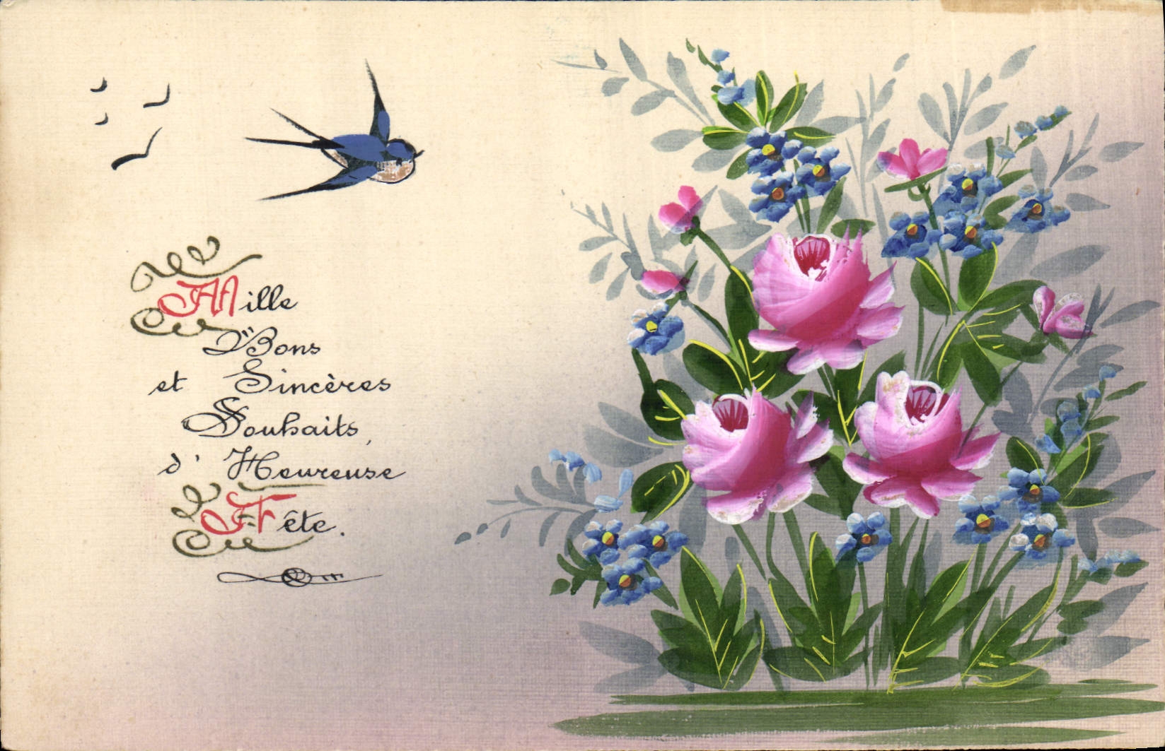 Fleurs et oiseaux — carte postale illustrée — éditeur non visible