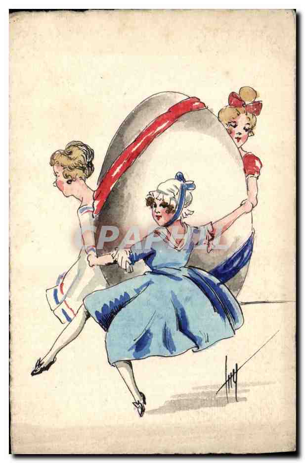 Trois filles jouant avec un grand œuf de Pâques — illustration — éditeur non visible
