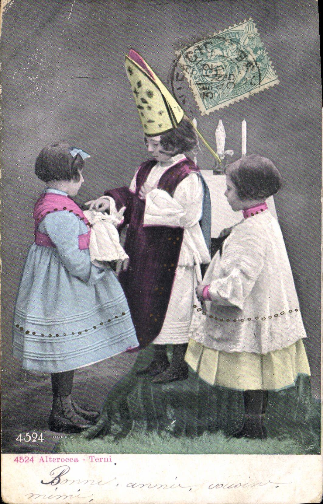 Bonne année, cousin — Enfants et personnage en costume liturgique — Alterocca - Terni, éditeur Alterocca, n° 4524
