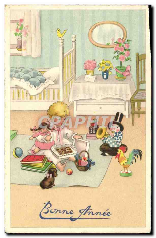 CPA Fantaisie Enfant Poupee Bonne annee Coq