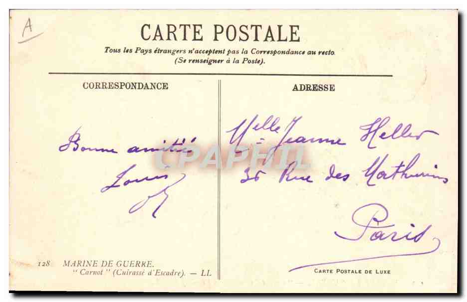 CPA Bateau de Guerre Carnot Cuirasse d'escadre — Verso