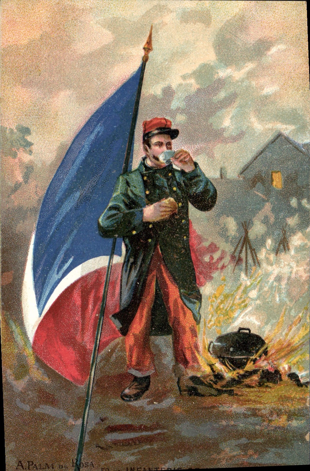 Soldat de l'infanterie — avec drapeau et feu de camp — A. Palm de Rosa, n° 50