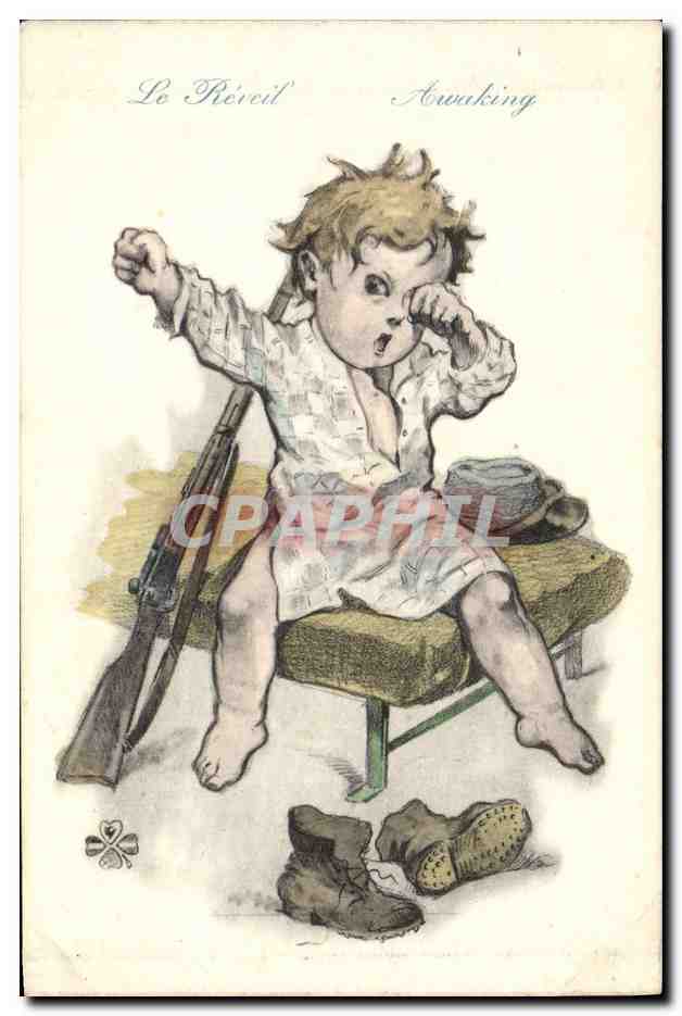 CPA Militaria Le reveil Enfant