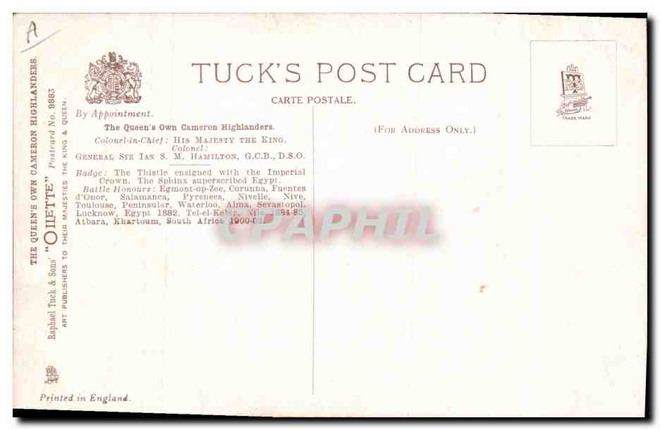 The Queen's Own Cameron Highlanders — Company Officer and Lance Corporal, Drill order — Raphael Tuck & Sons — Rückseite