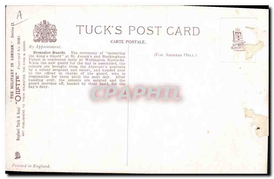Grenadier Guards à Wellington Barracks — Harry Payne — Tuck's Post Card N° 2081 — Rückseite