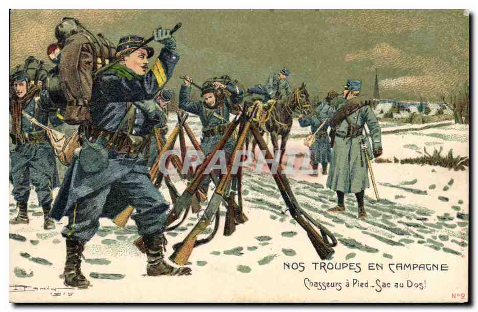 CPA Militaria Nos troupes en campagne Chasseurs a pied Sac au dos