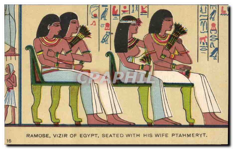 CPA Egypt Egypte Ramose Vizir of Egypt seated with his wife Ptahmeryt